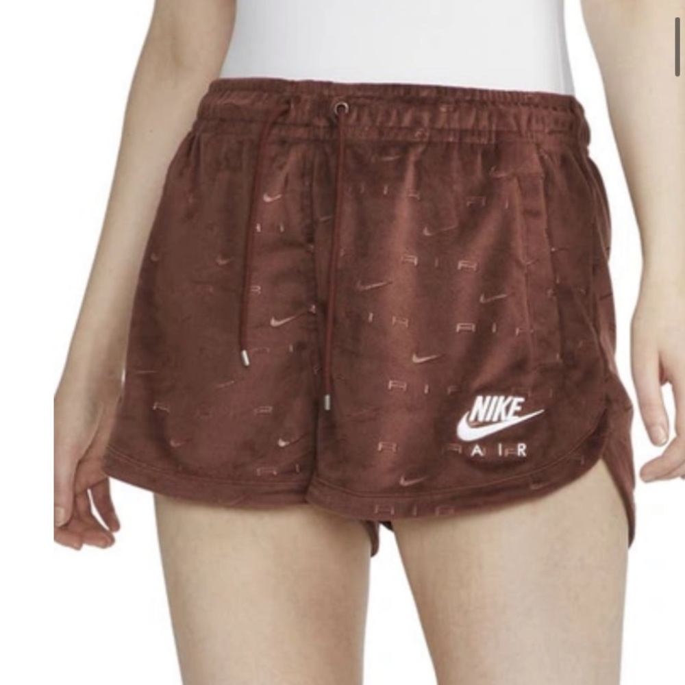 RARE NIKE AIR WOMENS VELOUR MID- RISE SHORTS EMBOSSED LOGO XS Dark Brown/Copper